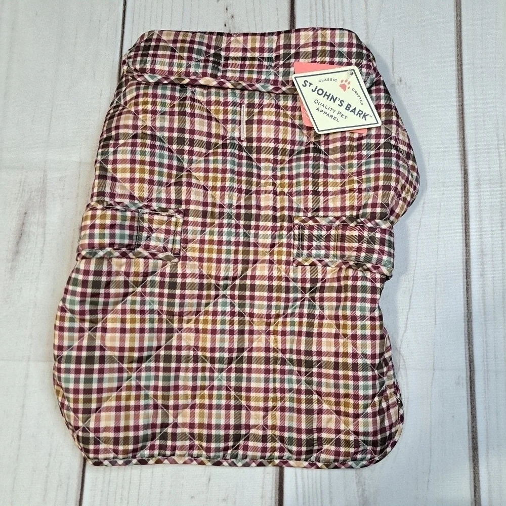 St John's Bark NWT Neutral Plaid Puffer Dog Coat Size Medium